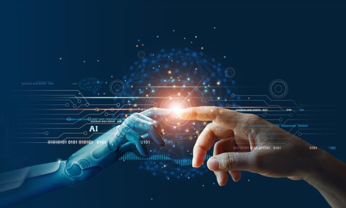 AI, Machine learning, Hands of robot and human touching on big data network connection background, Science and artificial intelligence technology, innovation and futuristic.